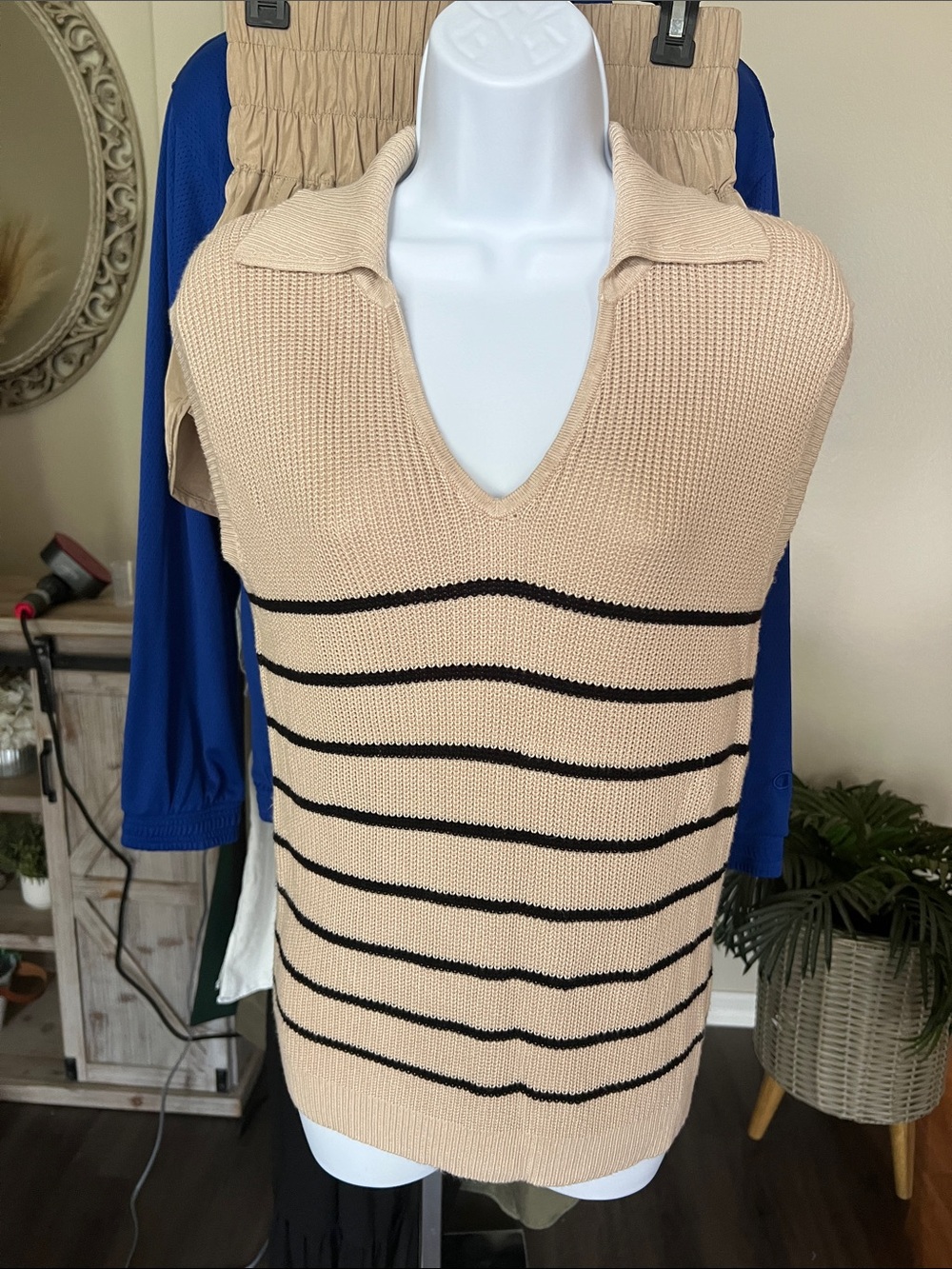 Amazon Women's Beige V-Neck Collared Sweater Vest with Black Stripes
